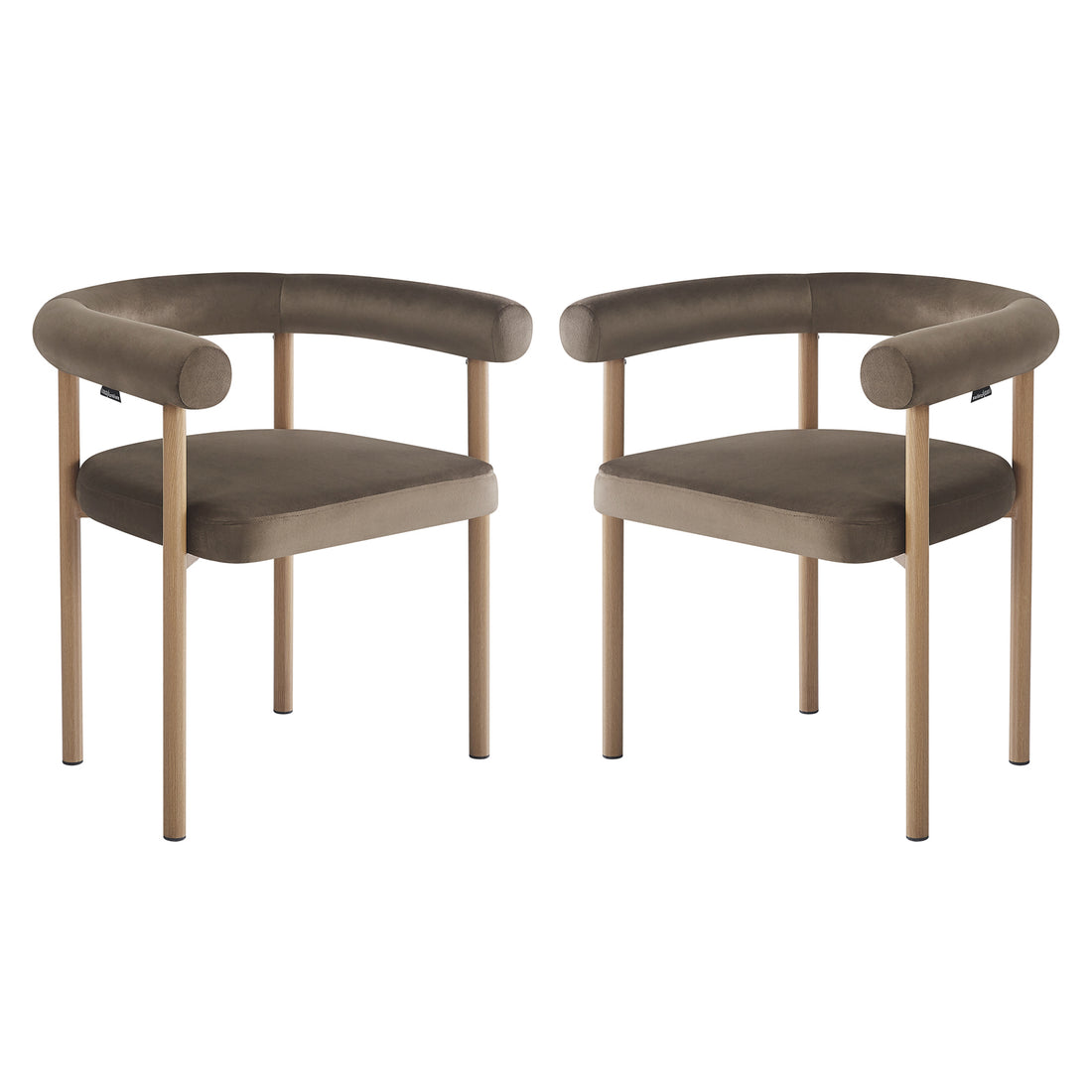 Two Ohio Velvet Dining Chairs with natural legs and espresso brown finish, featuring a minimalist design with curved backrests and padded seats, set against a plain white background.
