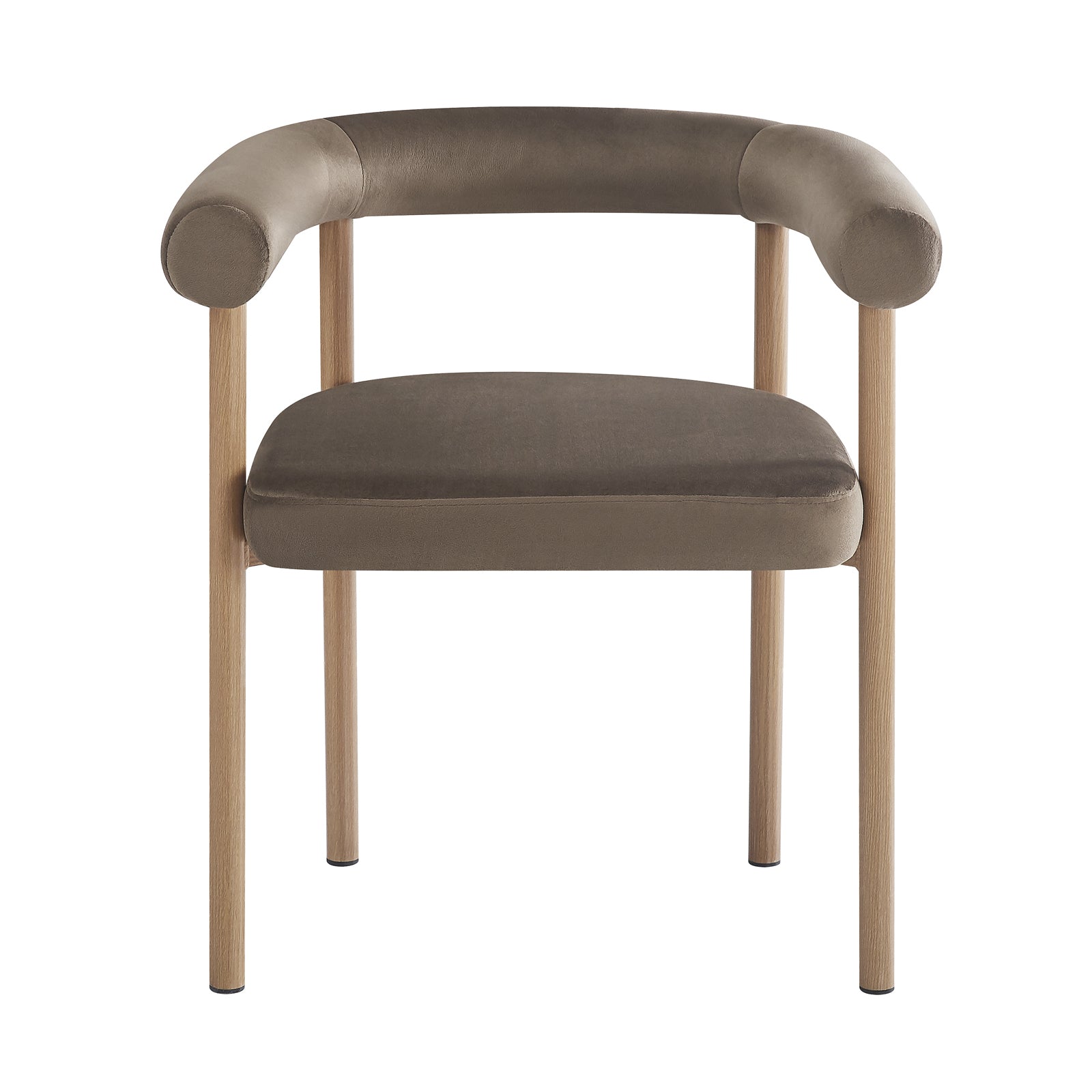 Ohio Velvet Dining Chair w/ Natural Legs Espresso Brown Set of 2 features a modern design with brown-taupe velvet upholstery, curved backrest, and slender wooden legs, adding elegance and comfort to dining spaces.