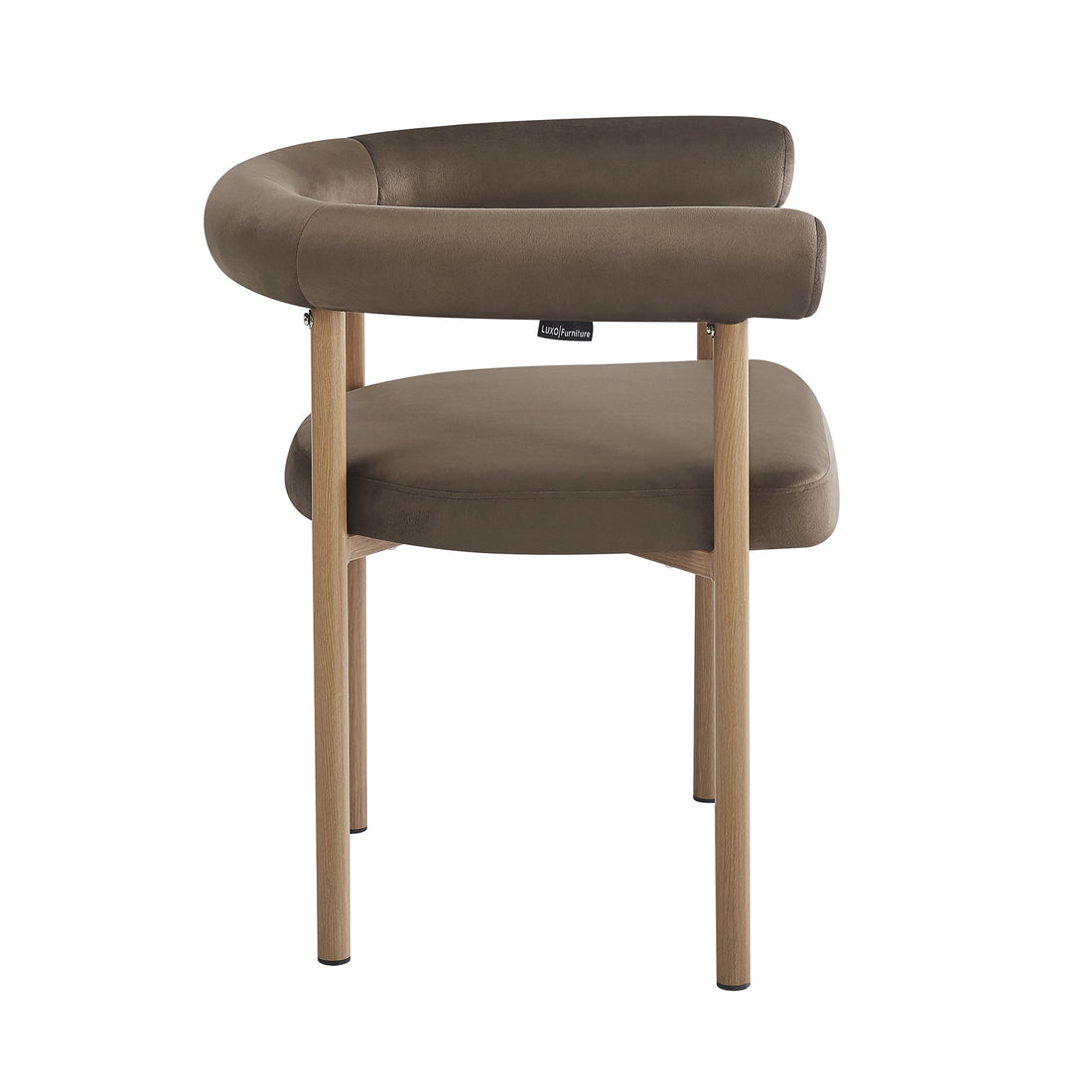 Ohio Velvet Dining Chair w/ Natural Legs Espresso Brown Set of 2 features a curved padded backrest, plush velvet upholstery, and light-wood legs, showcasing a modern design with a small LUXO Furniture brand tag.