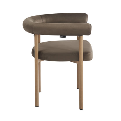 Ohio Velvet Dining Chair w/ Natural Legs Espresso Brown Set of 2 features a curved padded backrest, plush velvet upholstery, and light-wood legs, showcasing a modern design with a small LUXO Furniture brand tag.