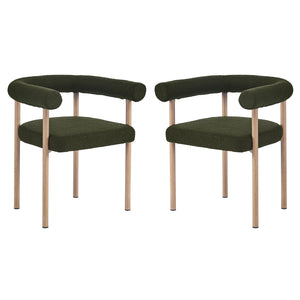 Ohio Curved Boucle Dining Chair Set of 2 in Green & Oak