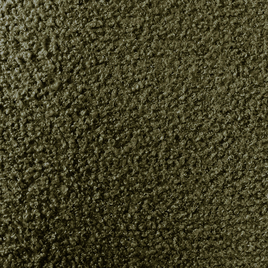 Close-up of Ohio Curved Bouclé Dining Chair Set of 2 in Green & Oak, showcasing olive-green curly-pile upholstery and warm oak-finish legs, emphasizing its plush texture and modern design.