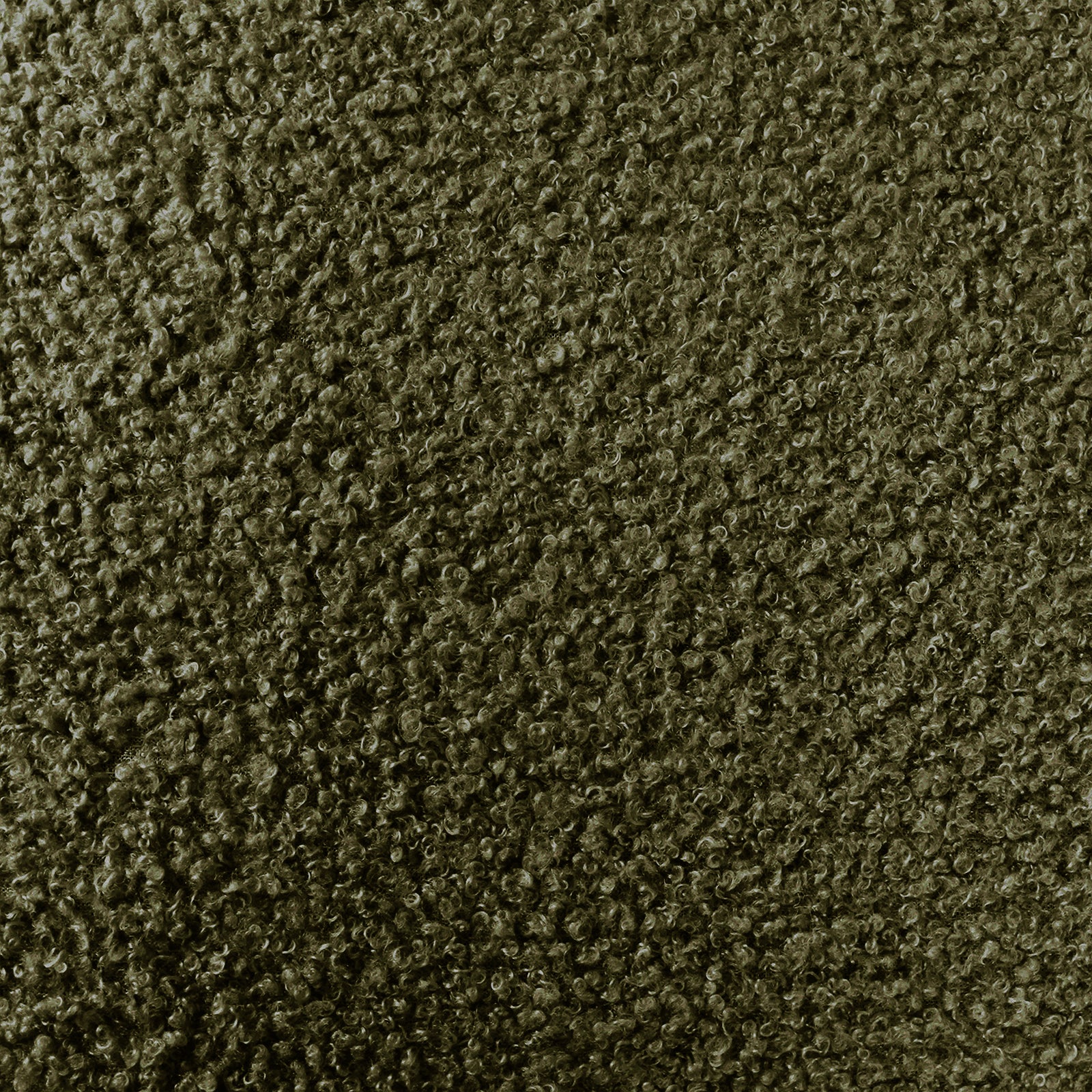Close-up of Ohio Curved Bouclé Dining Chair Set of 2 in Green & Oak, showcasing olive-green curly-pile upholstery and warm oak-finish legs, emphasizing its plush texture and modern design.