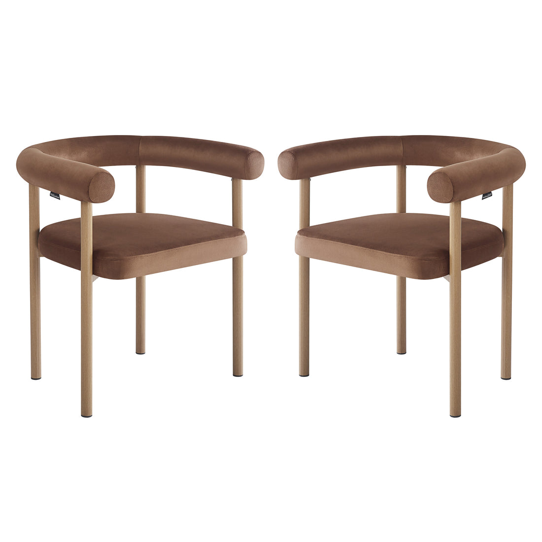 Ohio Velvet Dining Chair w/ Natural Legs Mocha Mousse Set of 2 features curved brown velvet upholstery, tubular backrests, and straight cylindrical wooden legs, showcasing modern minimalist design against a white background.