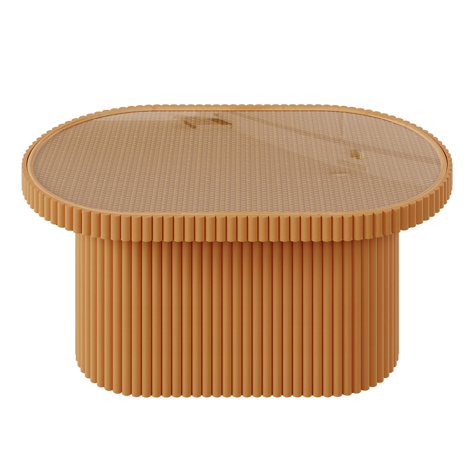 Close-up of the Olive Natural Rattan Side Coffee Table with a tempered glass top, showcasing its elegant honey finish and oval shape, highlighting its intricate rattan weave and compact design.