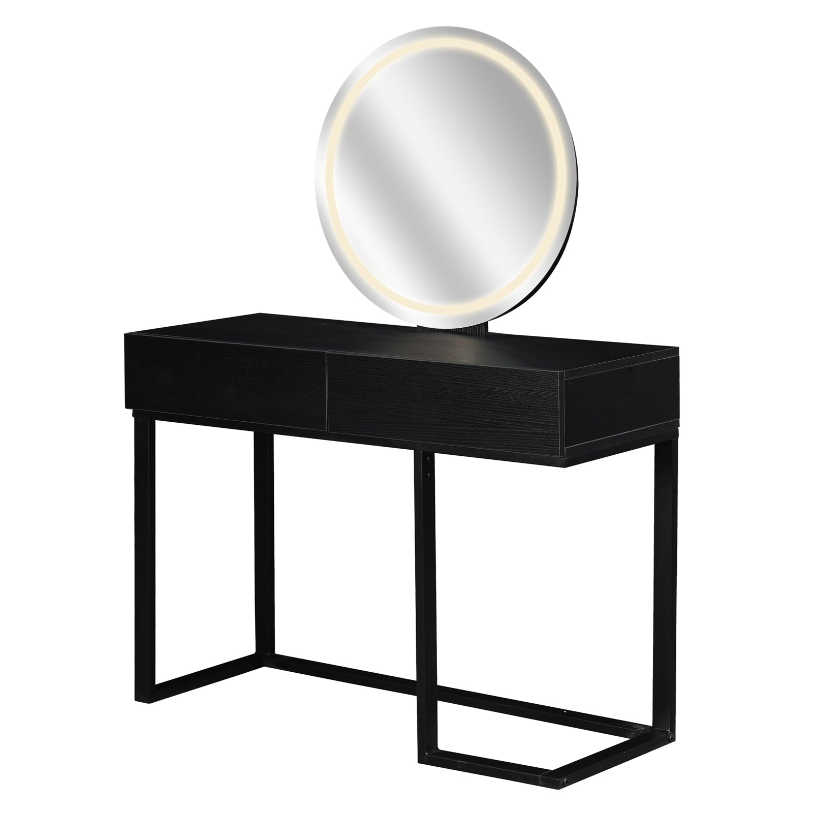 Ophira Dressing Table with Touch Screen Mirror Light – Black features a sleek black tabletop, large circular LED mirror, and two drawers on a sturdy metal frame, offering modern elegance and practicality.