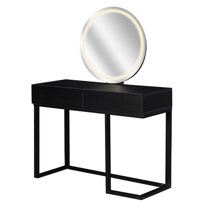 Ophira Dressing Table with Touch Screen Mirror Light – Black features a sleek black tabletop, large circular LED mirror, and two drawers on a sturdy metal frame, offering modern elegance and practicality.