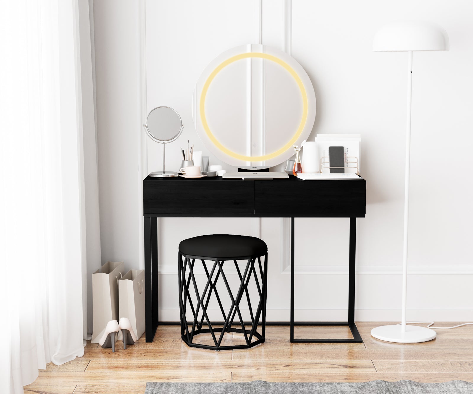 Ophira Dressing Table with Touch Screen Mirror Light – Black features a slim black table with two drawers, a glowing round LED mirror, and a geometric stool in a minimalist setting.