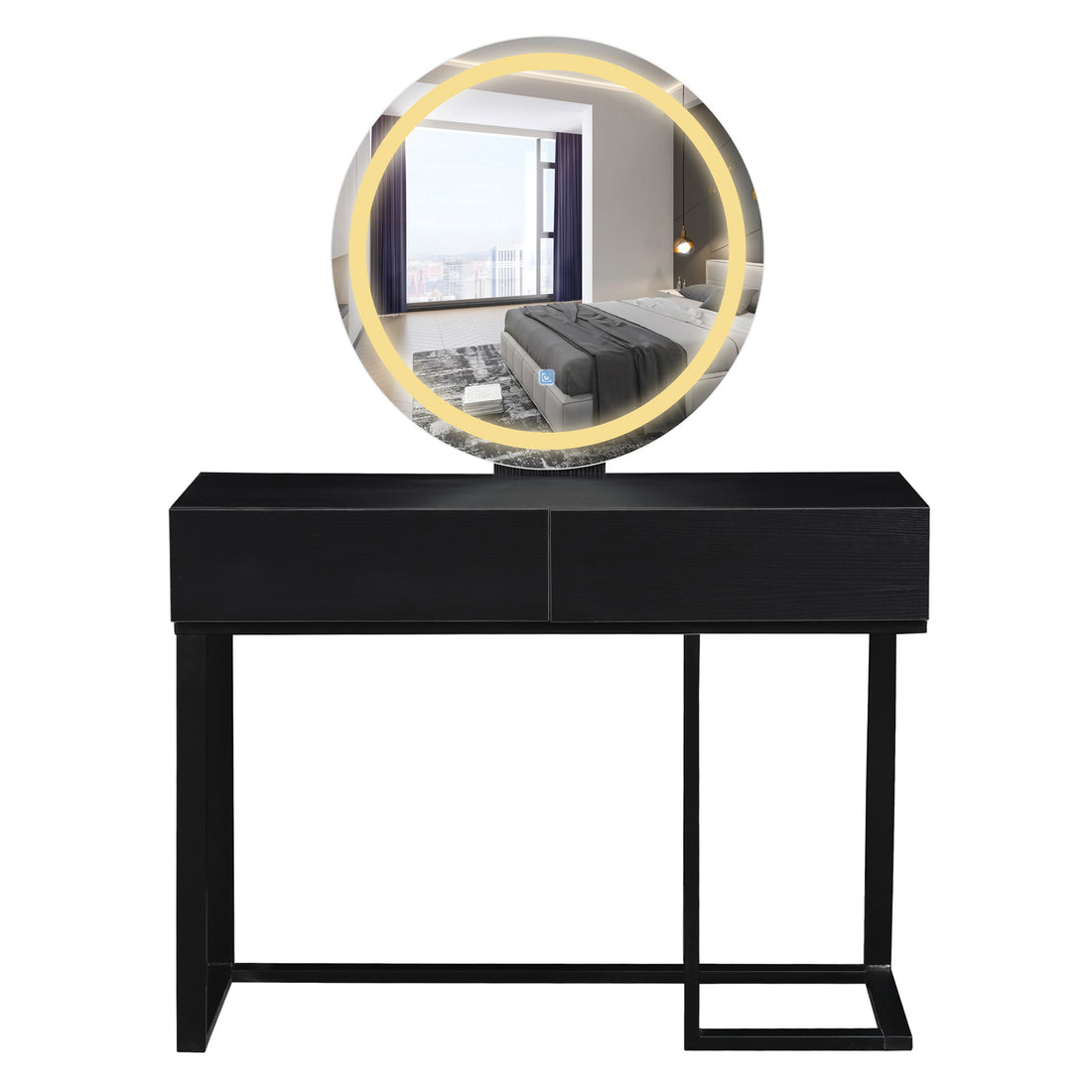 Ophira Dressing Table with Touch Screen Mirror Light – Black, featuring a sleek console with two drawers, angular metal legs, and a large circular mirror with integrated warm LED light ring.