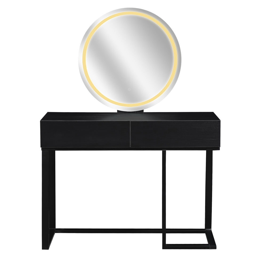 Ophira Dressing Table with Touch Screen Mirror Light – Black features a sleek console table with two drawers, an LED-lit round mirror, and an asymmetrical metal leg frame, showcasing minimalist elegance.