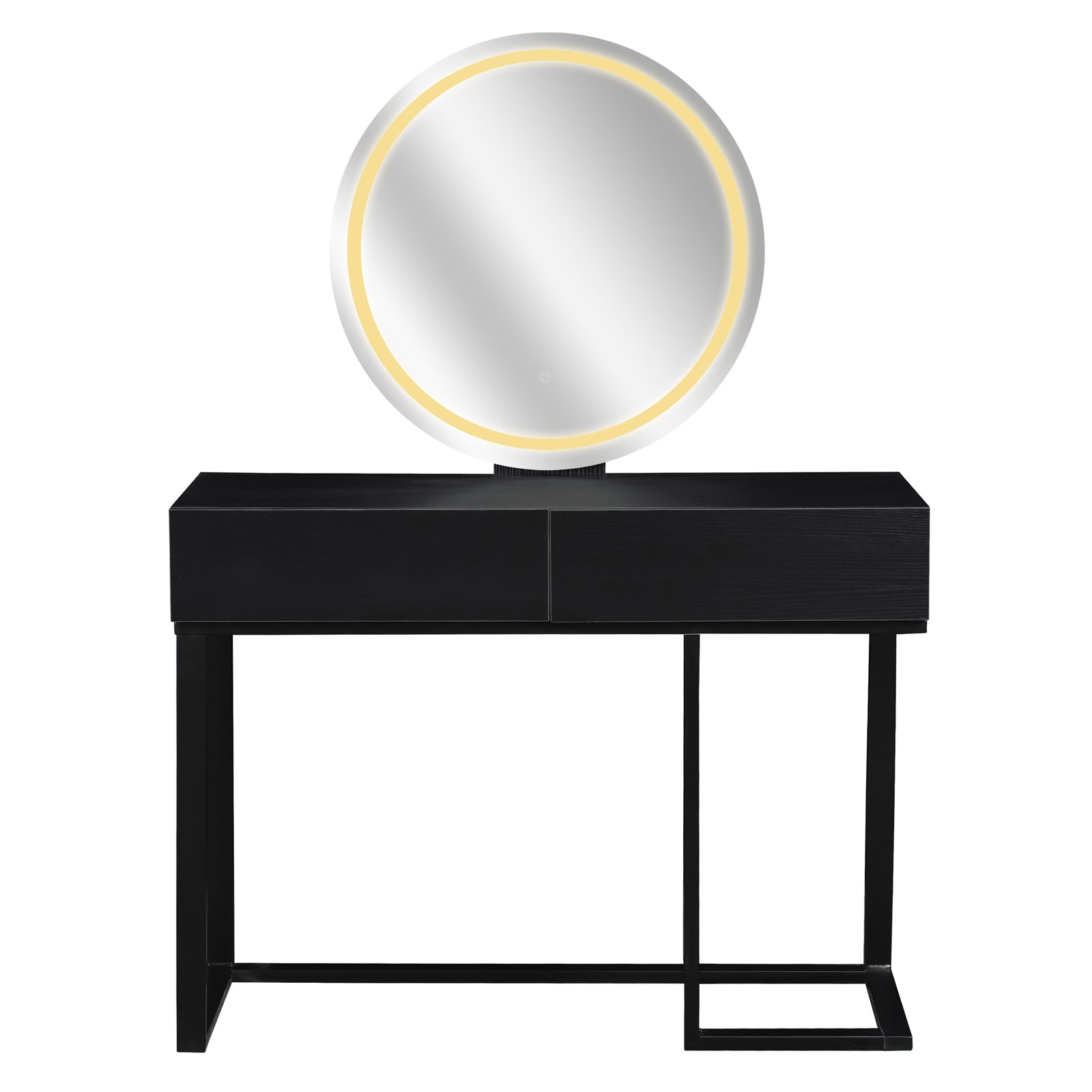 Ophira Dressing Table with Touch Screen Mirror Light – Black features a sleek console table with two drawers, an LED-lit round mirror, and an asymmetrical metal leg frame, showcasing minimalist elegance.