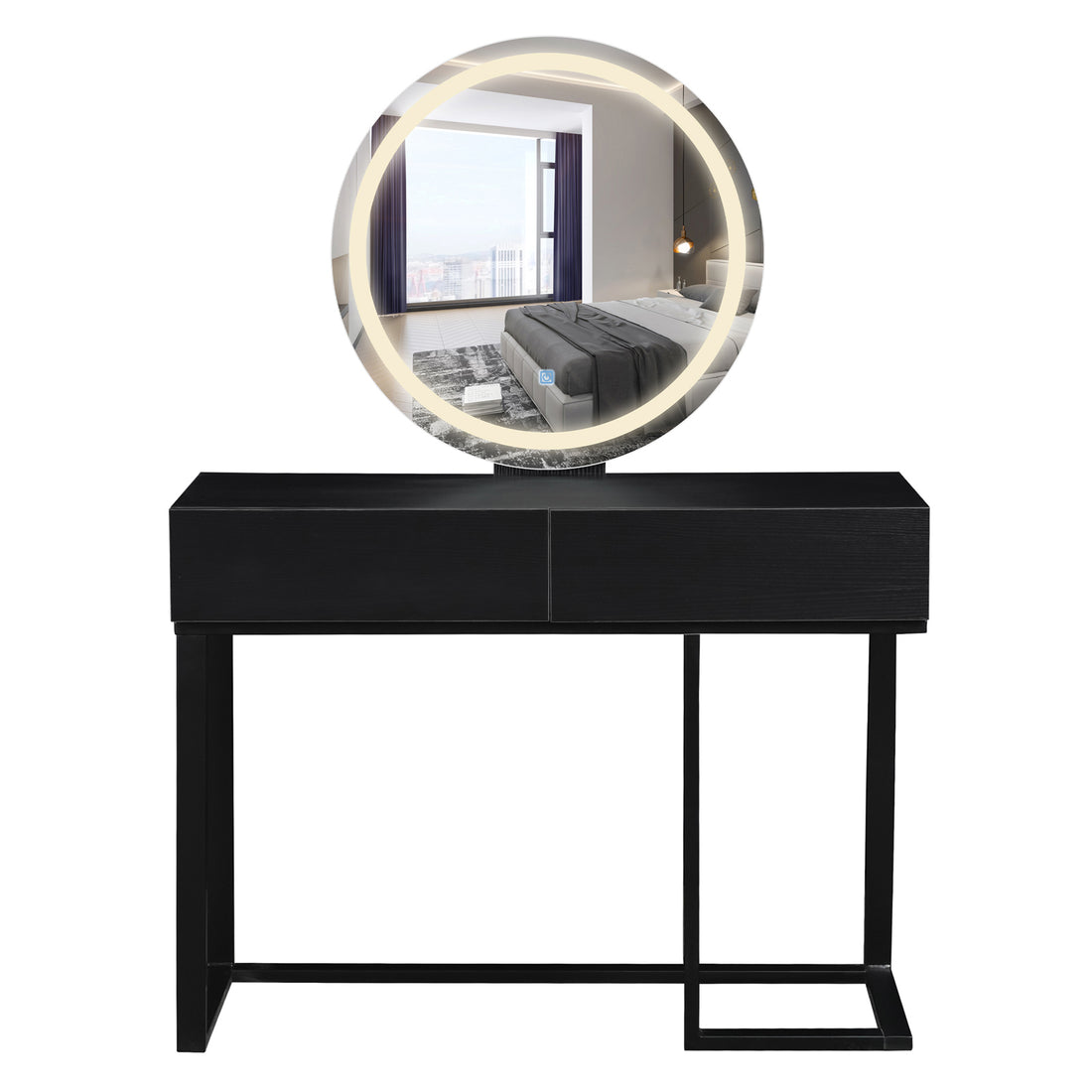 Ophira Dressing Table with Touch Screen Mirror Light – Black features a modern black console with two drawers, slim metal legs, and a large round LED-lit mirror for a luxurious beauty experience.