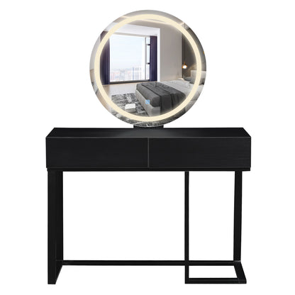 Ophira Dressing Table with Touch Screen Mirror Light – Black features a modern black console with two drawers, slim metal legs, and a large round LED-lit mirror for a luxurious beauty experience.