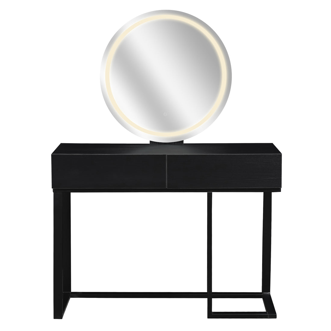 Ophira Dressing Table with Touch Screen Mirror Light – Black, featuring two drawers, a sleek metal frame, and a round mirror with LED rim, perfect for a modern, elegant beauty setup.