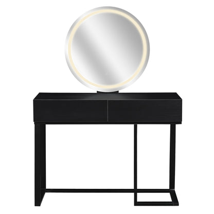 Ophira Dressing Table with Touch Screen Mirror Light – Black, featuring two drawers, a sleek metal frame, and a round mirror with LED rim, perfect for a modern, elegant beauty setup.