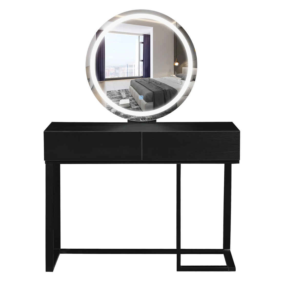 Ophira Dressing Table with Touch Screen Mirror Light – Black features a minimalist design with a large round mirror and LED light, two spacious drawers, and sleek metal legs for modern elegance.