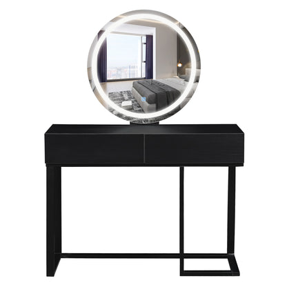 Ophira Dressing Table with Touch Screen Mirror Light – Black features a minimalist design with a large round mirror and LED light, two spacious drawers, and sleek metal legs for modern elegance.