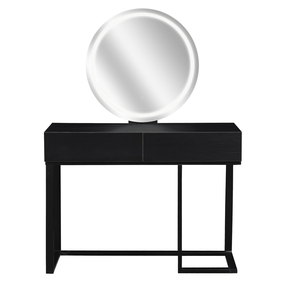 Ophira Dressing Table with Touch Screen Mirror Light – Black: A sleek black-wood table with two drawers on a metal frame, featuring a large round LED-lit mirror for an elegant vanity setup.