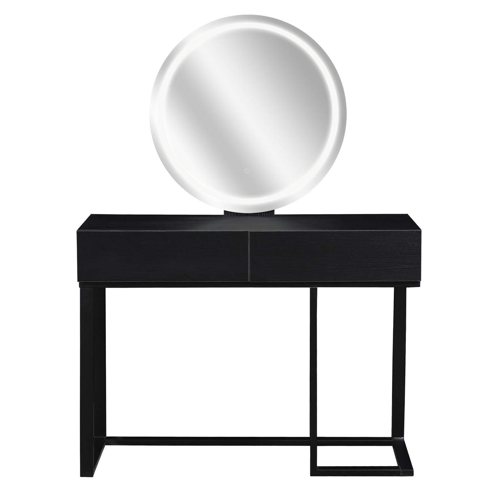 Ophira Dressing Table with Touch Screen Mirror Light – Black: A sleek black-wood table with two drawers on a metal frame, featuring a large round LED-lit mirror for an elegant vanity setup.