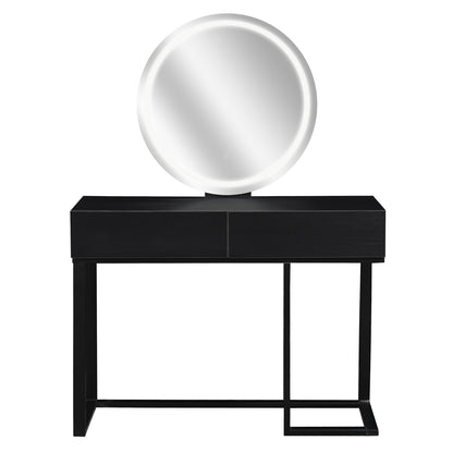 Ophira Dressing Table with Touch Screen Mirror Light – Black: A sleek black-wood table with two drawers on a metal frame, featuring a large round LED-lit mirror for an elegant vanity setup.