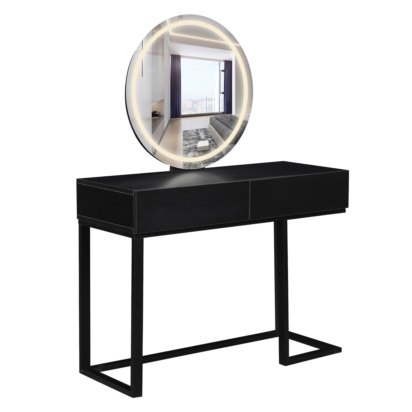 Ophira Dressing Table with Touch Screen Mirror Light – Black featuring a matte black finish, two drawers, U-shaped legs, and a large round backlit mirror with adjustable LED lighting for various tasks.