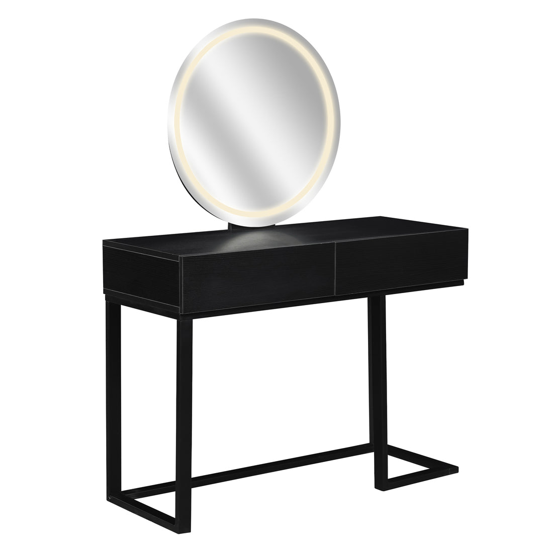 Ophira Dressing Table with Touch Screen Mirror Light – Black features a sleek black design with two metal-frame legs, integrated drawers, and a large round mirror with LED lighting for a modern, elegant look.