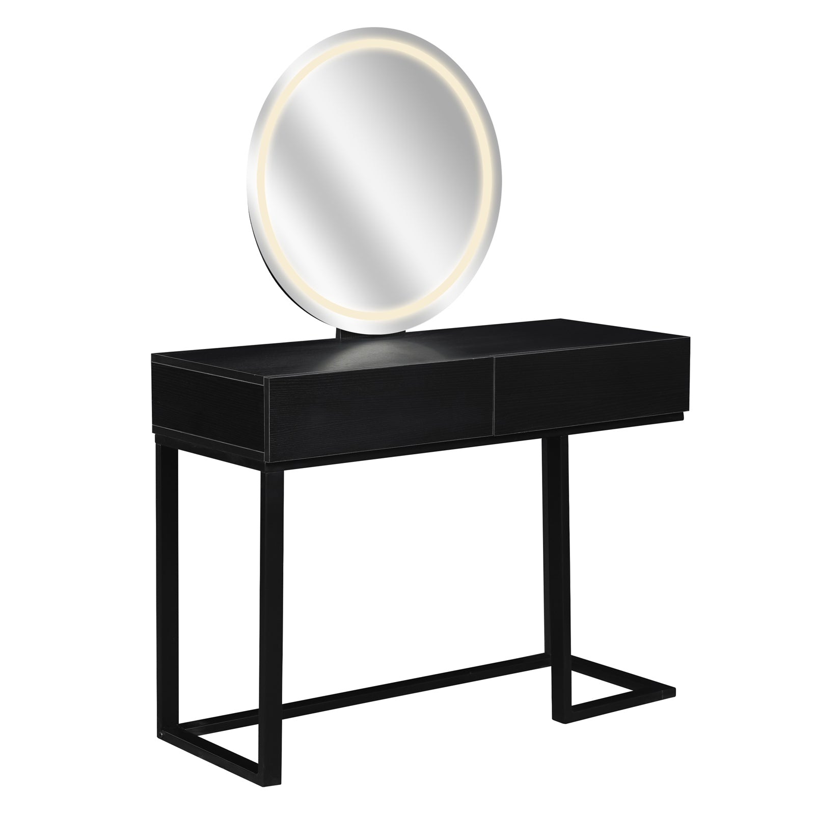 Ophira Dressing Table with Touch Screen Mirror Light – Black features a sleek black design with two metal-frame legs, integrated drawers, and a large round mirror with LED lighting for a modern, elegant look.