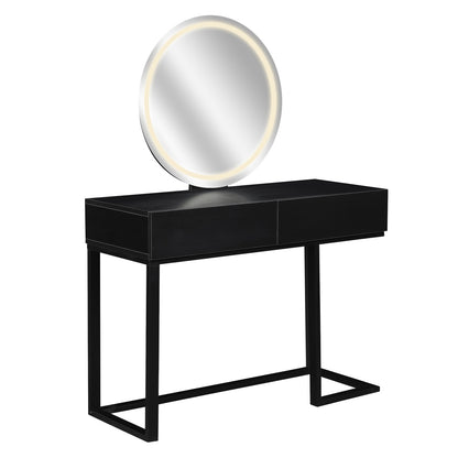 Ophira Dressing Table with Touch Screen Mirror Light – Black features a sleek black design with two metal-frame legs, integrated drawers, and a large round mirror with LED lighting for a modern, elegant look.