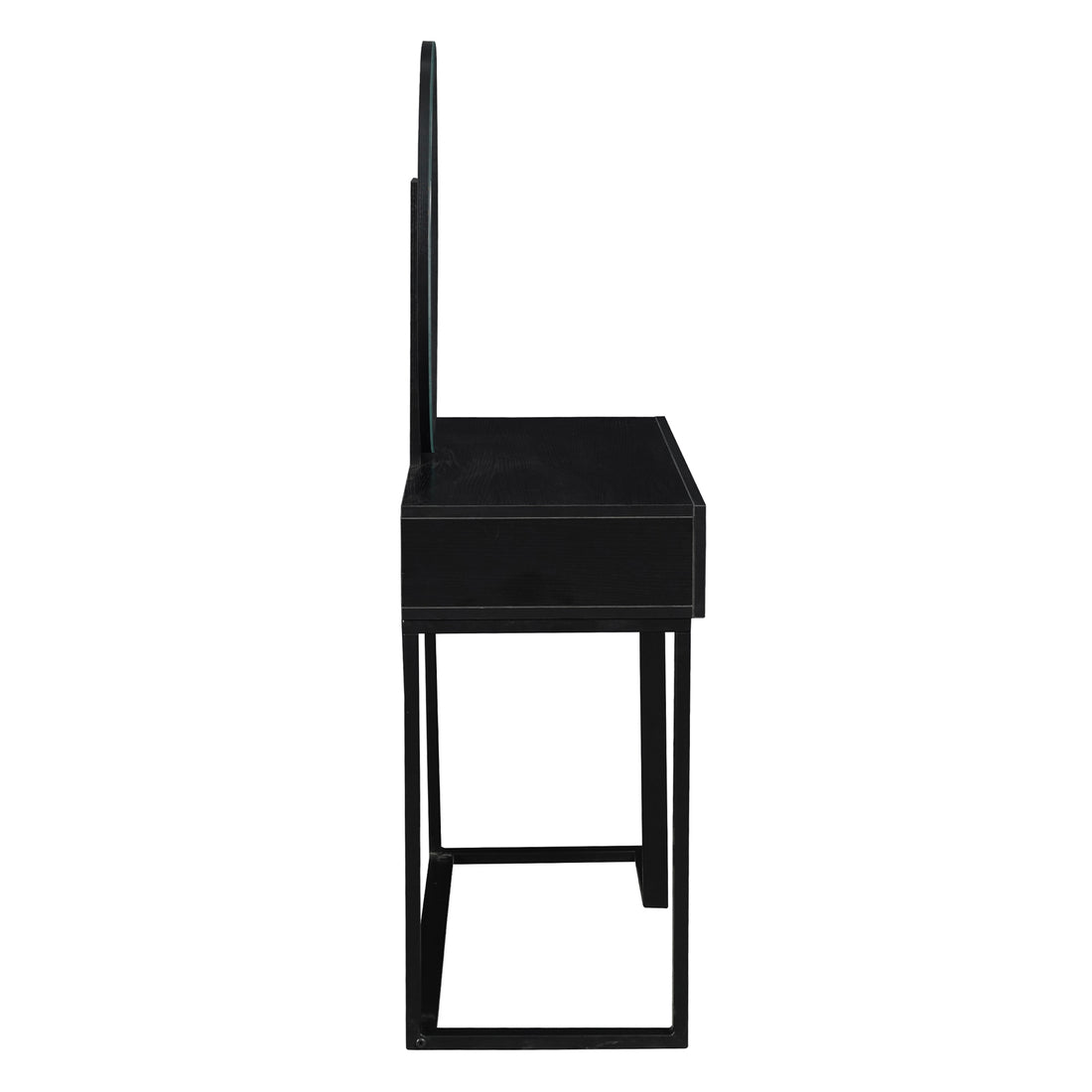 Ophira Dressing Table with Touch Screen Mirror Light – Black, featuring a matte black finish, slim profile, rectangular wooden top, U-shaped metal legs, and vertical back panel, designed for modern elegance.