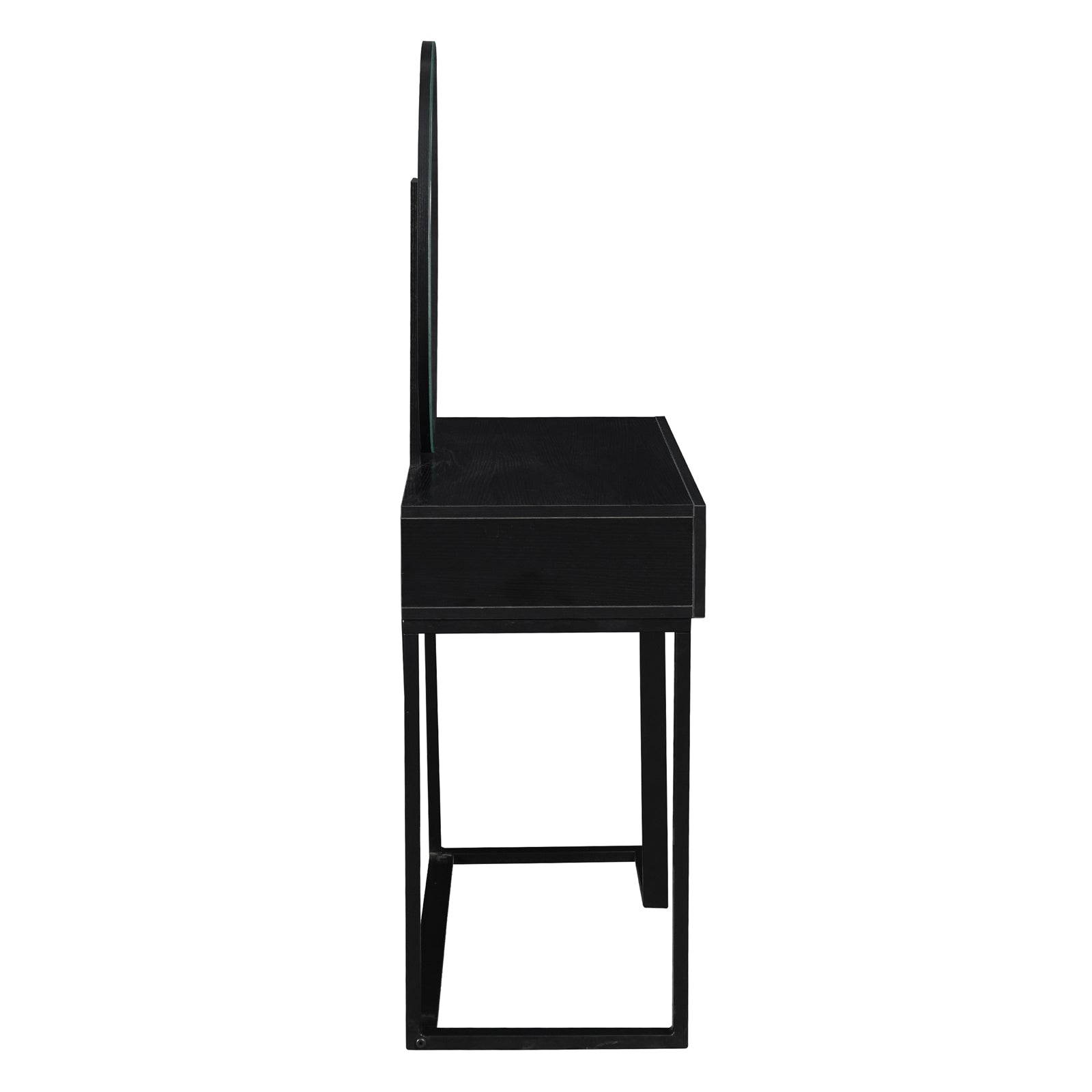 Ophira Dressing Table with Touch Screen Mirror Light – Black, featuring a matte black finish, slim profile, rectangular wooden top, U-shaped metal legs, and vertical back panel, designed for modern elegance.