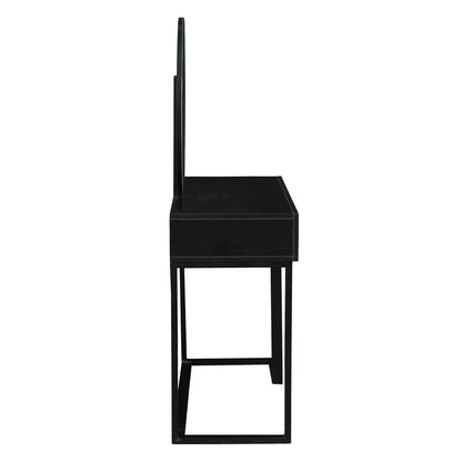 Ophira Dressing Table with Touch Screen Mirror Light – Black, featuring a matte black finish, slim profile, rectangular wooden top, U-shaped metal legs, and vertical back panel, designed for modern elegance.