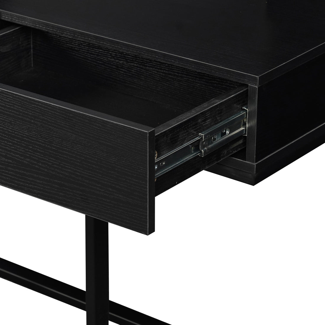 Close-up of the Ophira Dressing Table with Touch Screen Mirror Light – Black, showcasing its wood-grain finish, partially open drawer with visible slide-rail mechanism, and sturdy metal leg framing.