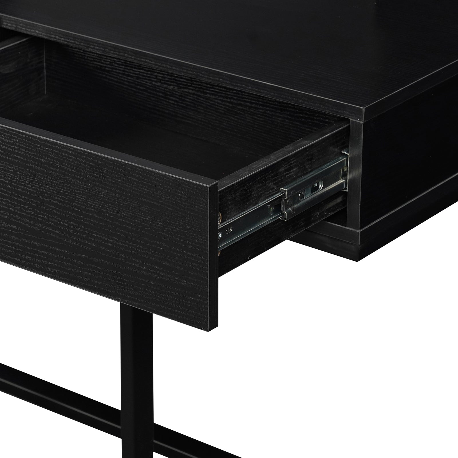 Close-up of the Ophira Dressing Table with Touch Screen Mirror Light – Black, showcasing its wood-grain finish, partially open drawer with visible slide-rail mechanism, and sturdy metal leg framing.