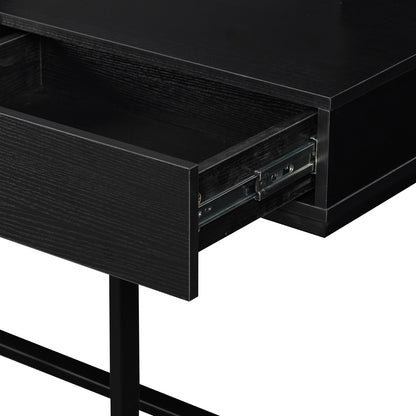 Close-up of the Ophira Dressing Table with Touch Screen Mirror Light – Black, showcasing its wood-grain finish, partially open drawer with visible slide-rail mechanism, and sturdy metal leg framing.