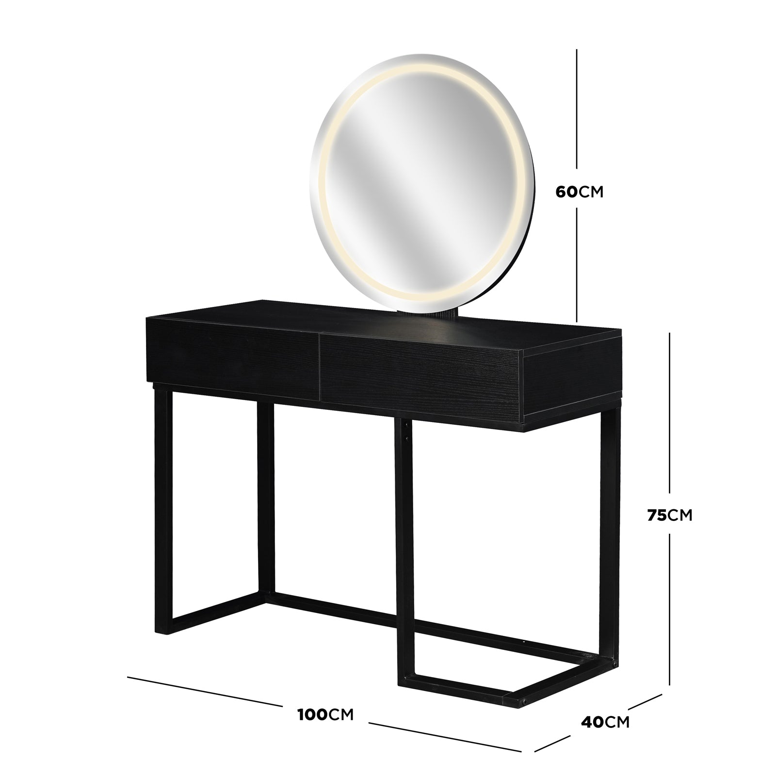 Ophira Dressing Table with Touch Screen Mirror Light – Black features a sleek tabletop with two drawers, a minimalist metal frame, and a round backlit mirror, perfect for modern elegance and functionality.