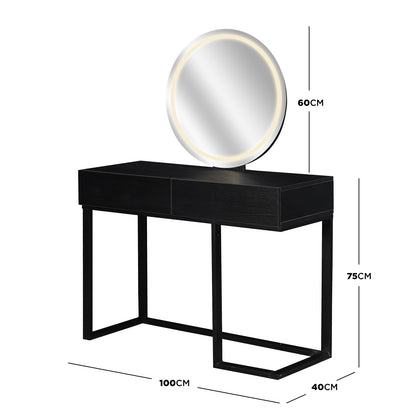 Ophira Dressing Table with Touch Screen Mirror Light – Black features a sleek tabletop with two drawers, a minimalist metal frame, and a round backlit mirror, perfect for modern elegance and functionality.
