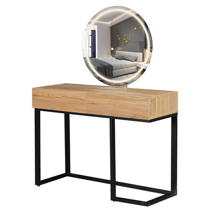 Ophira Dressing Table with Touch Screen Mirror in Light Oak, featuring a sleek, light-oak tabletop with two drawers, black metal frame, and a round LED-backlit mirror reflecting a bedroom setting.