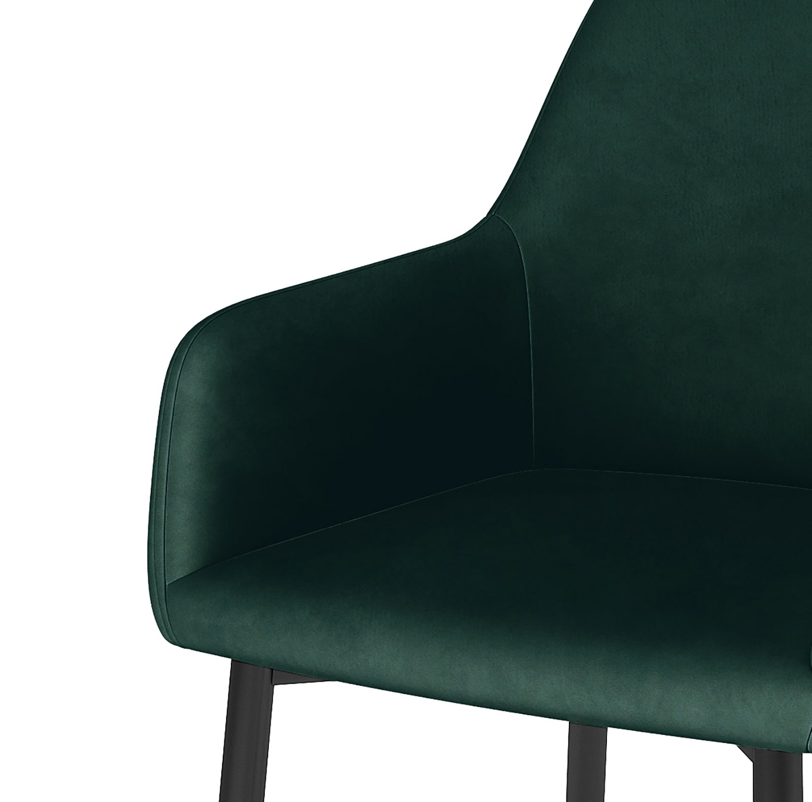 Raynie Velvet Dining Chair Set of 2 in Deep Green, featuring a modern design with a softly curved back, integrated armrests, plush velvet upholstery, and slim, dark metal legs for elegant dining room style.