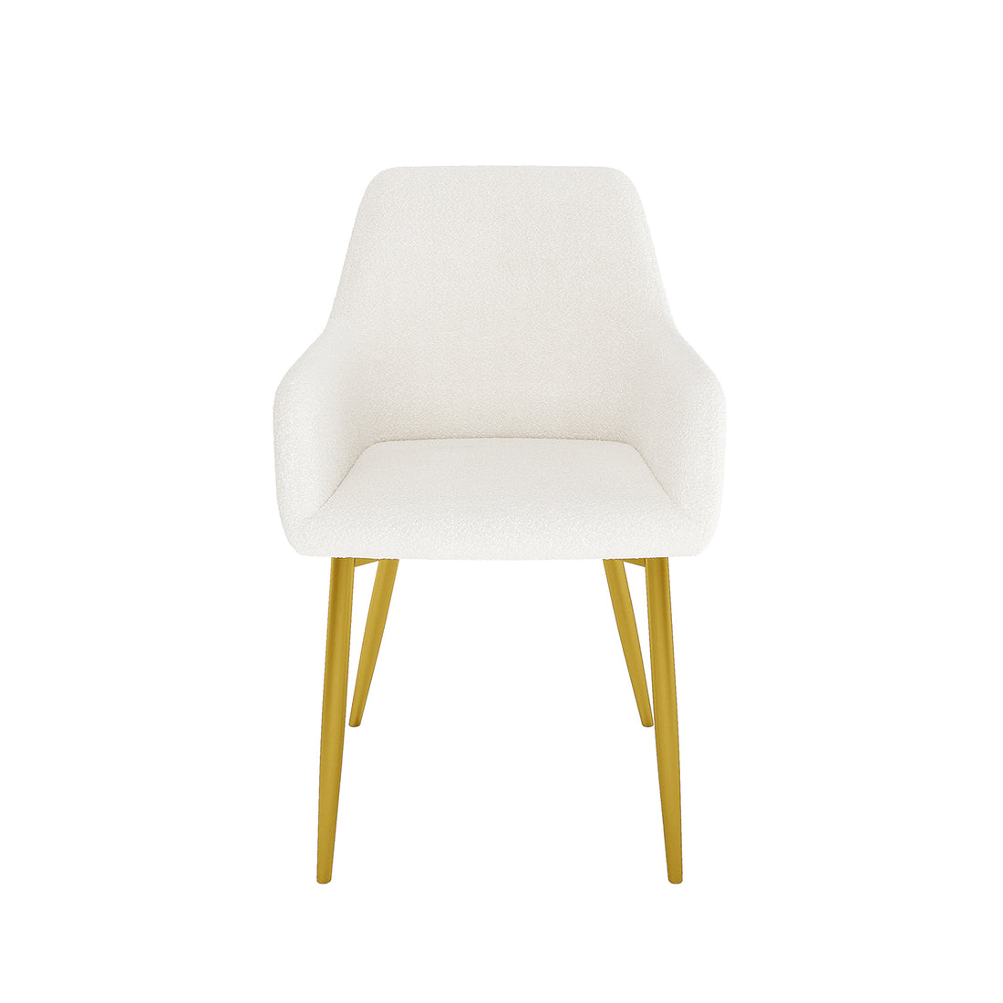 Raynie Dining Chairs with Gold Legs Set of 2 in Cream White features plush bouclé upholstery, softly contoured seat with integrated armrests, and sleek angled gold-tone metal legs for a modern, elegant look.