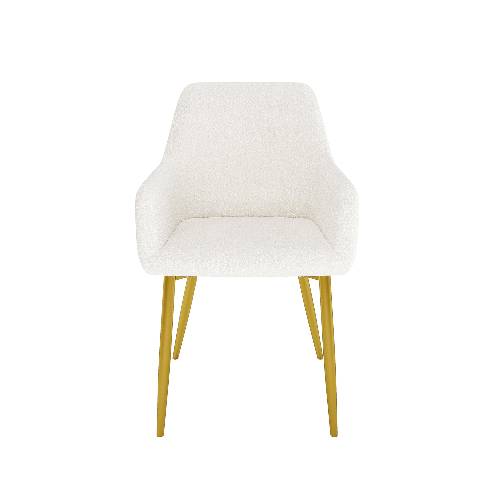 Raynie Dining Chairs with Gold Legs Set of 2 in Cream White features plush bouclé upholstery, softly contoured seat with integrated armrests, and sleek angled gold-tone metal legs for a modern, elegant look.