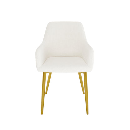Raynie Dining Chairs with Gold Legs Set of 2 in Cream White features plush bouclé upholstery, softly contoured seat with integrated armrests, and sleek angled gold-tone metal legs for a modern, elegant look.