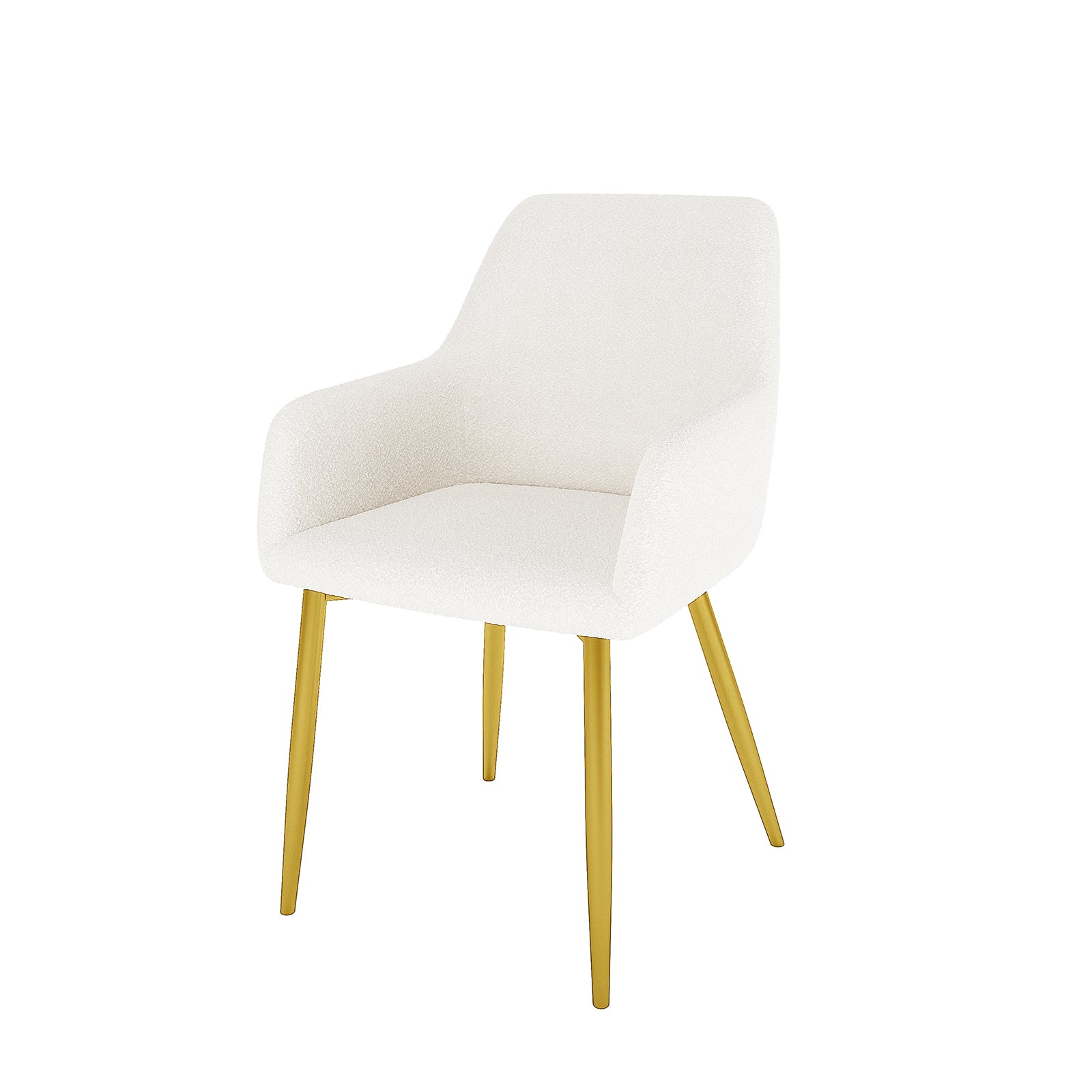 Raynie Dining Chairs with Gold Legs Set of 2 in Cream White featuring a curved bucket seat and integrated armrests upholstered in textured fabric, supported by slender gold-finished metal legs.