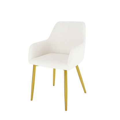 Raynie Dining Chairs with Gold Legs Set of 2 in Cream White featuring a curved bucket seat and integrated armrests upholstered in textured fabric, supported by slender gold-finished metal legs.
