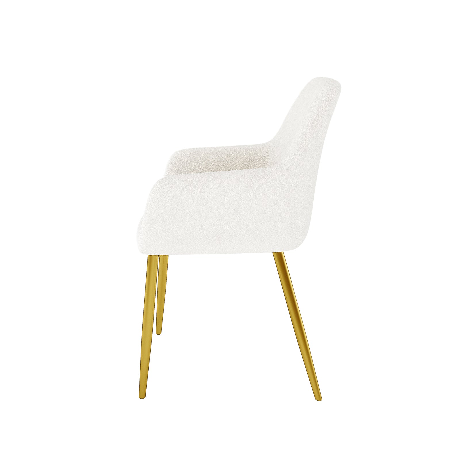 Raynie Dining Chairs with Gold Legs Set of 2 in Cream White features plush bouclé upholstery, integrated armrests, and gold-finished metal legs, offering a blend of modern style and comfort.