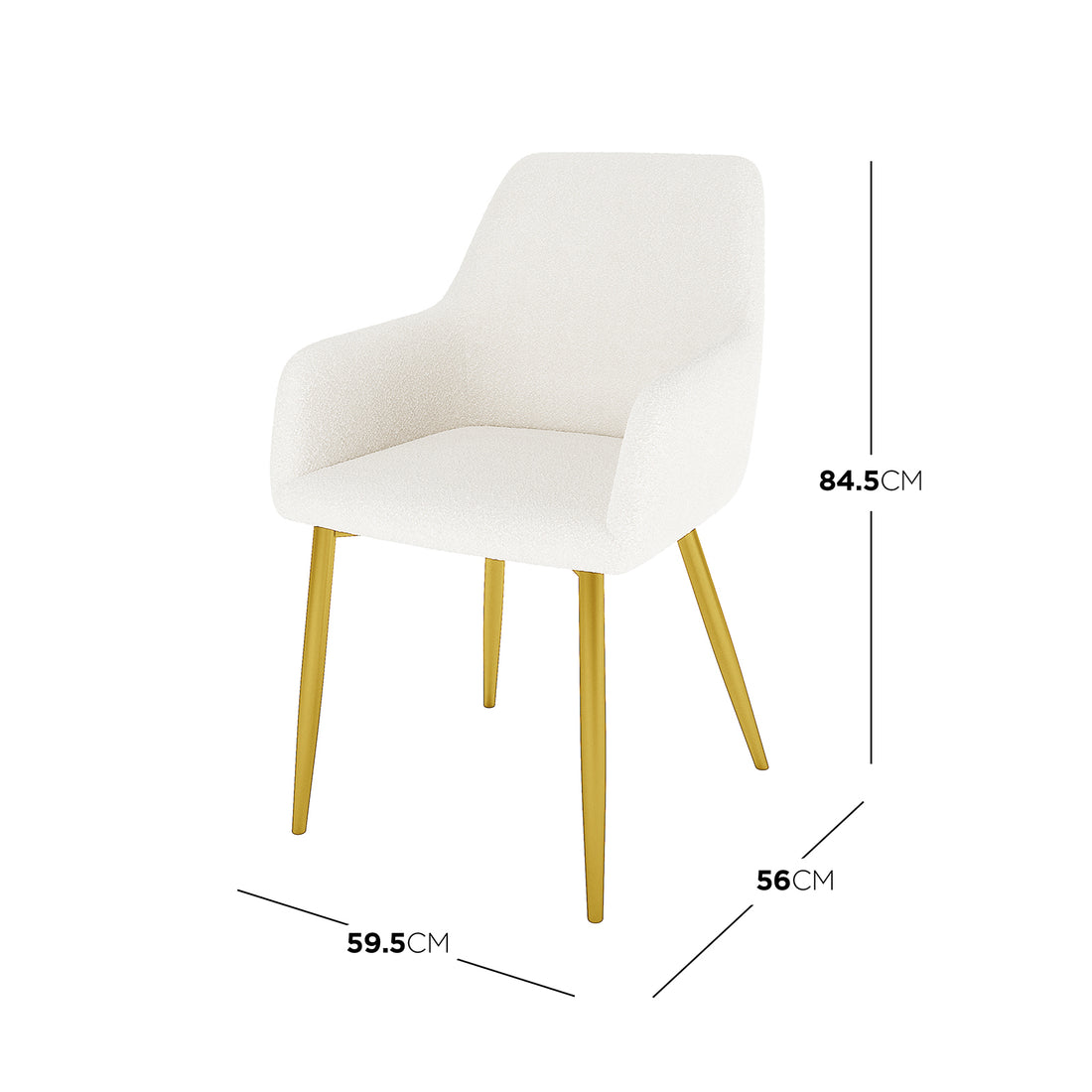 Raynie Dining Chairs with Gold Legs Set of 2 in Cream White feature plush bouclé upholstery, slender gold-finished metal legs, and dimensions of 84.5 cm height, 59.5 cm width, and 56 cm depth.