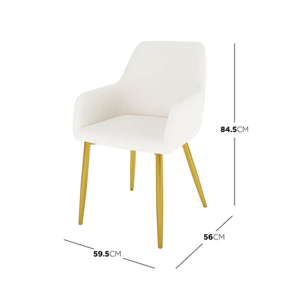 Raynie Dining Chairs with Gold Legs Set of 2 in Cream White feature plush bouclé upholstery, slender gold-finished metal legs, and dimensions of 84.5 cm height, 59.5 cm width, and 56 cm depth.