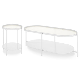Rebecca Fluted Glass Coffee Table Set White, featuring a large and a smaller round table with fluted glass tops, engineered wood bases, and anti-slip pads for stability.