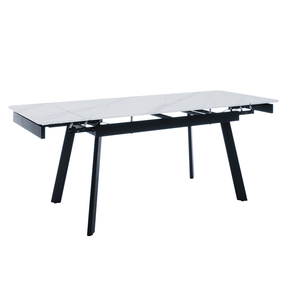 Rheed 197cm Extendable Ceramic Porcelain Dining Table White with a marble-effect tabletop, split for extension, supported by angled black metal legs with a central beam and sliding hardware.