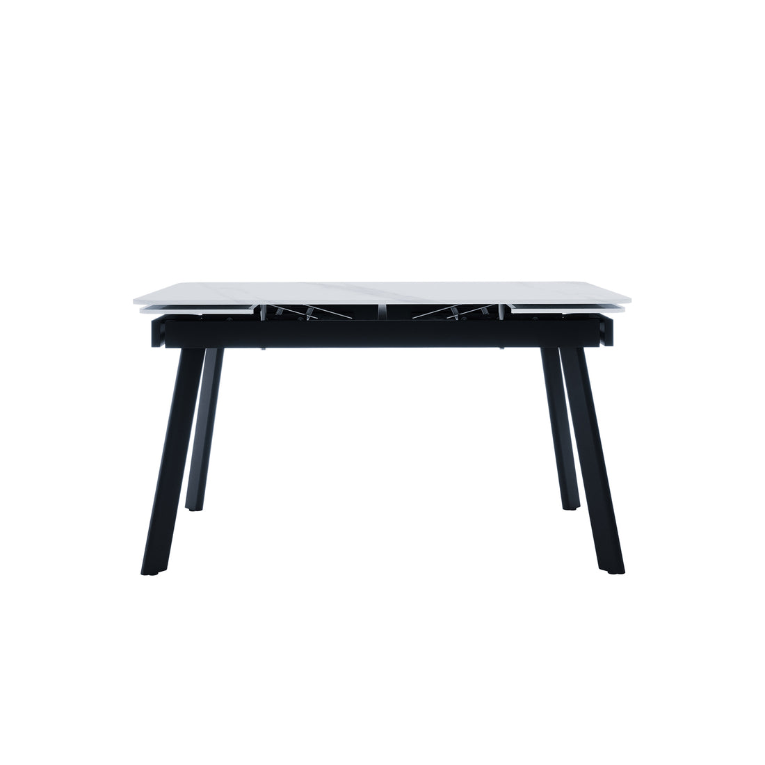 Rheed 197cm Extendable Ceramic Porcelain Dining Table White features a light-colored tabletop with two panels, exposing metal mechanisms for extension, supported by angled black legs for a modern look.