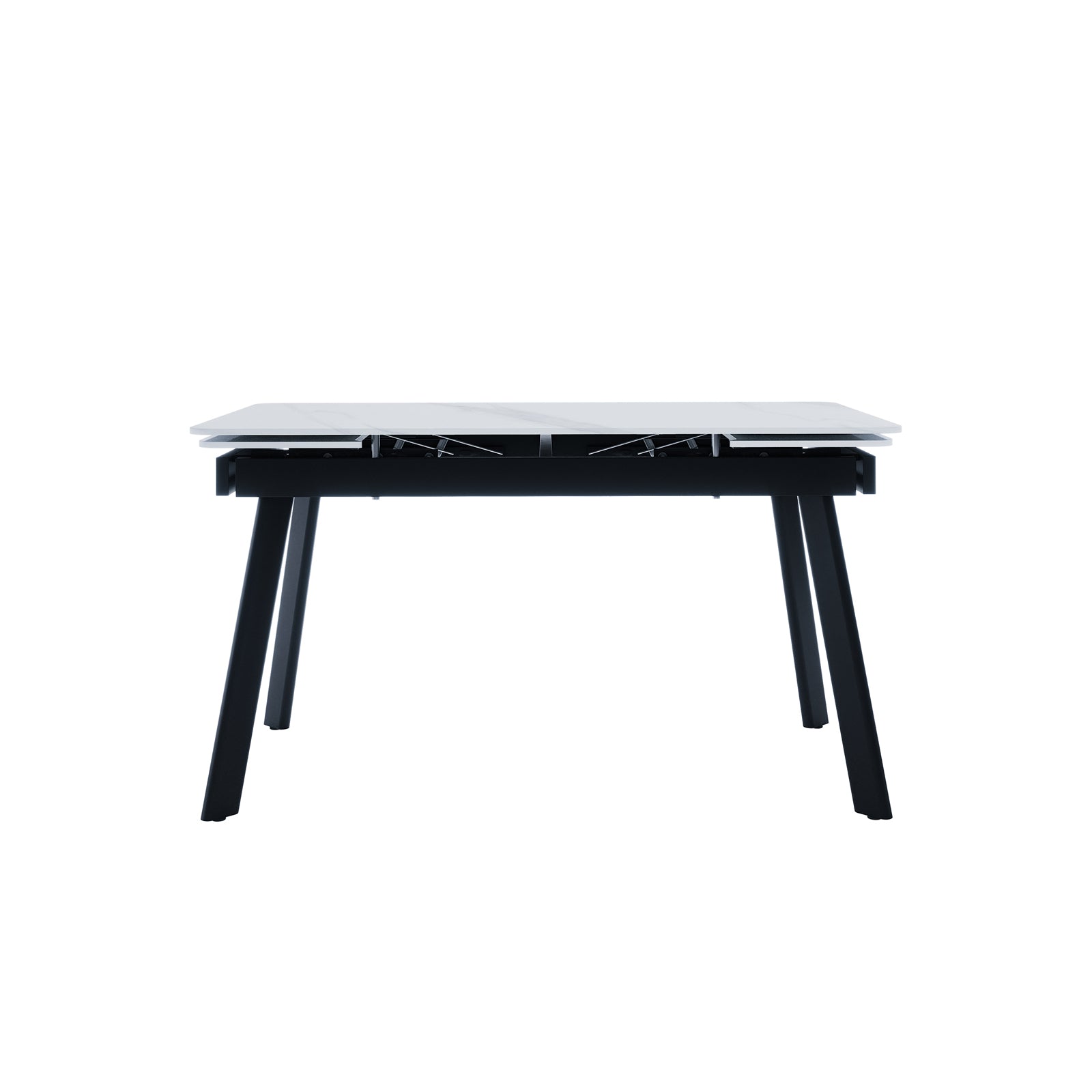 Rheed 197cm Extendable Ceramic Porcelain Dining Table White features a light-colored tabletop with two panels, exposing metal mechanisms for extension, supported by angled black legs for a modern look.